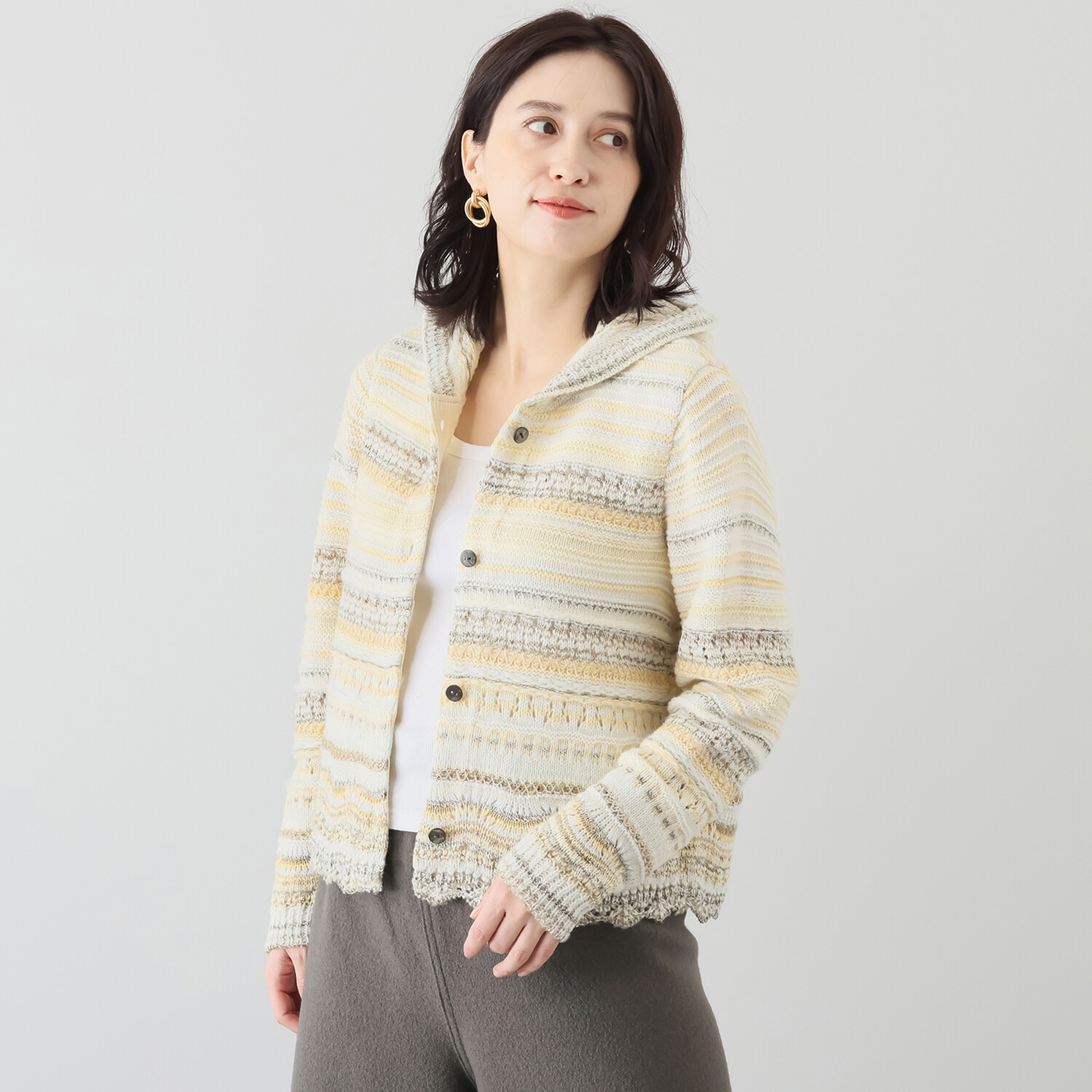 イイネス ランダムボーダー フード付カーディガン