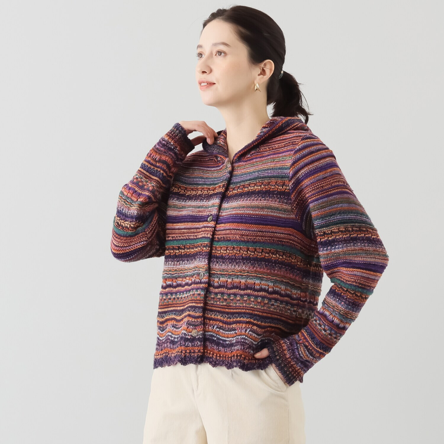 イイネス ランダムボーダー フード付カーディガン