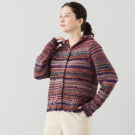 イイネス ランダムボーダー フード付カーディガン