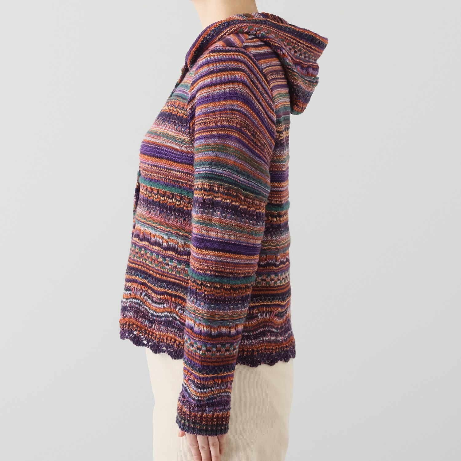 イイネス ランダムボーダー フード付カーディガン