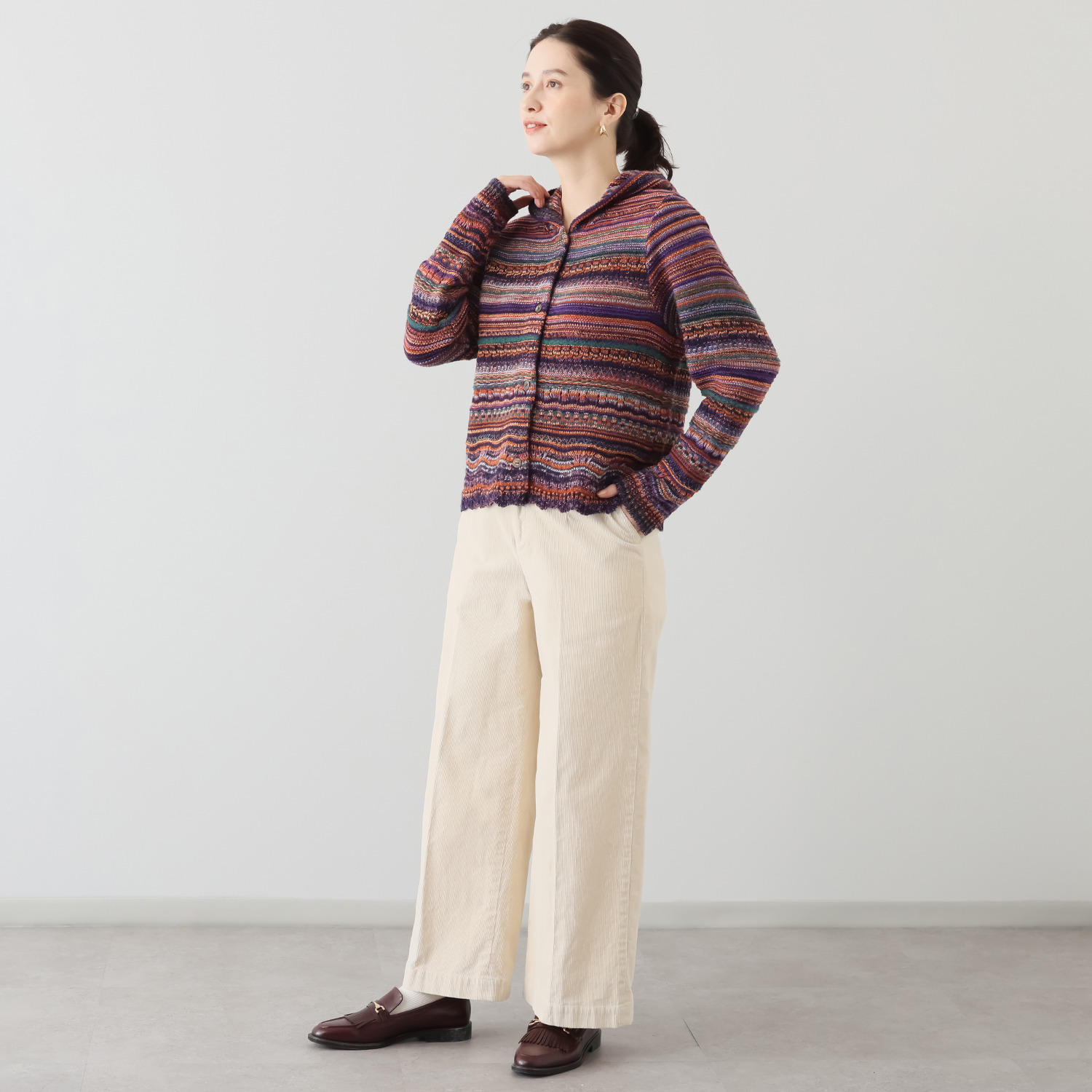 イイネス ランダムボーダー フード付カーディガン