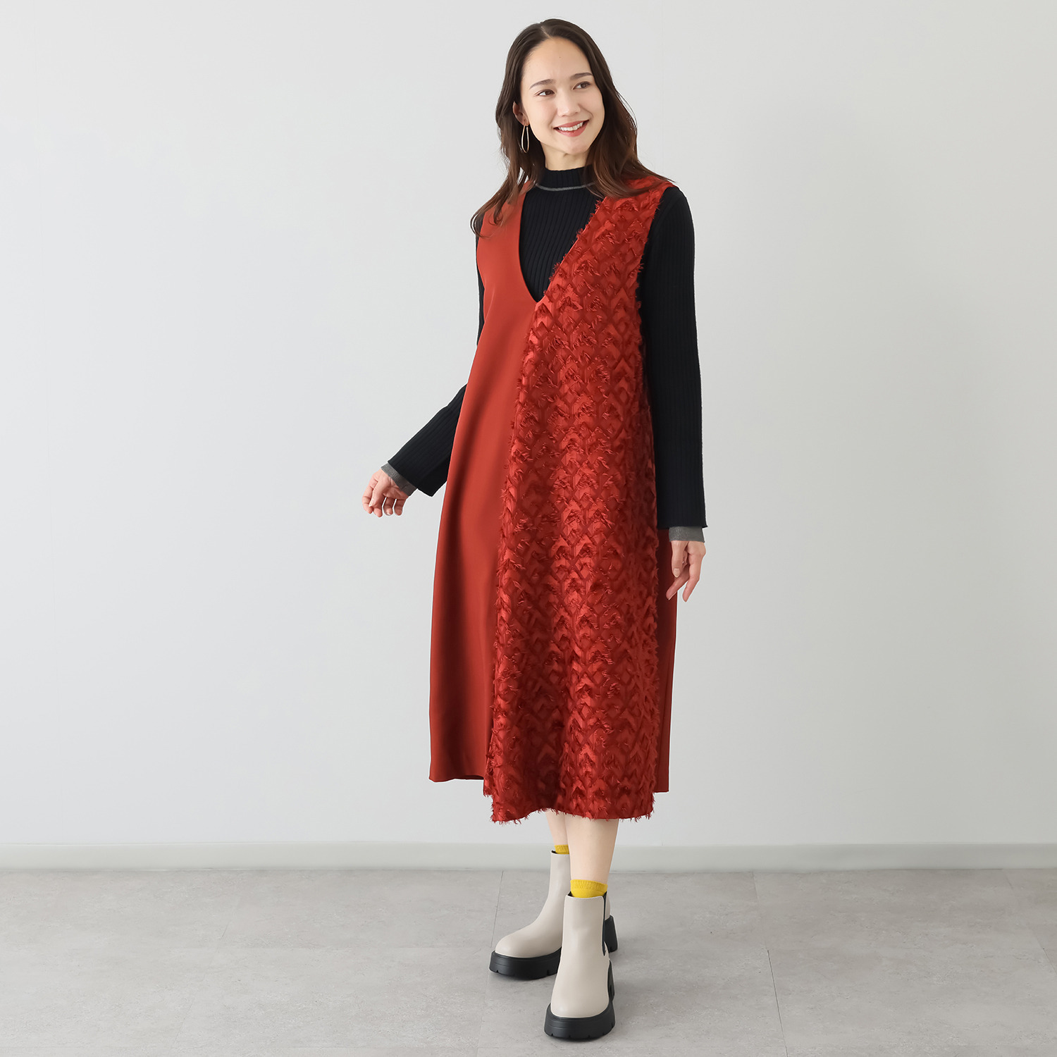 コモエリークローゼット 異素材でメリハリ ジャンパードレス