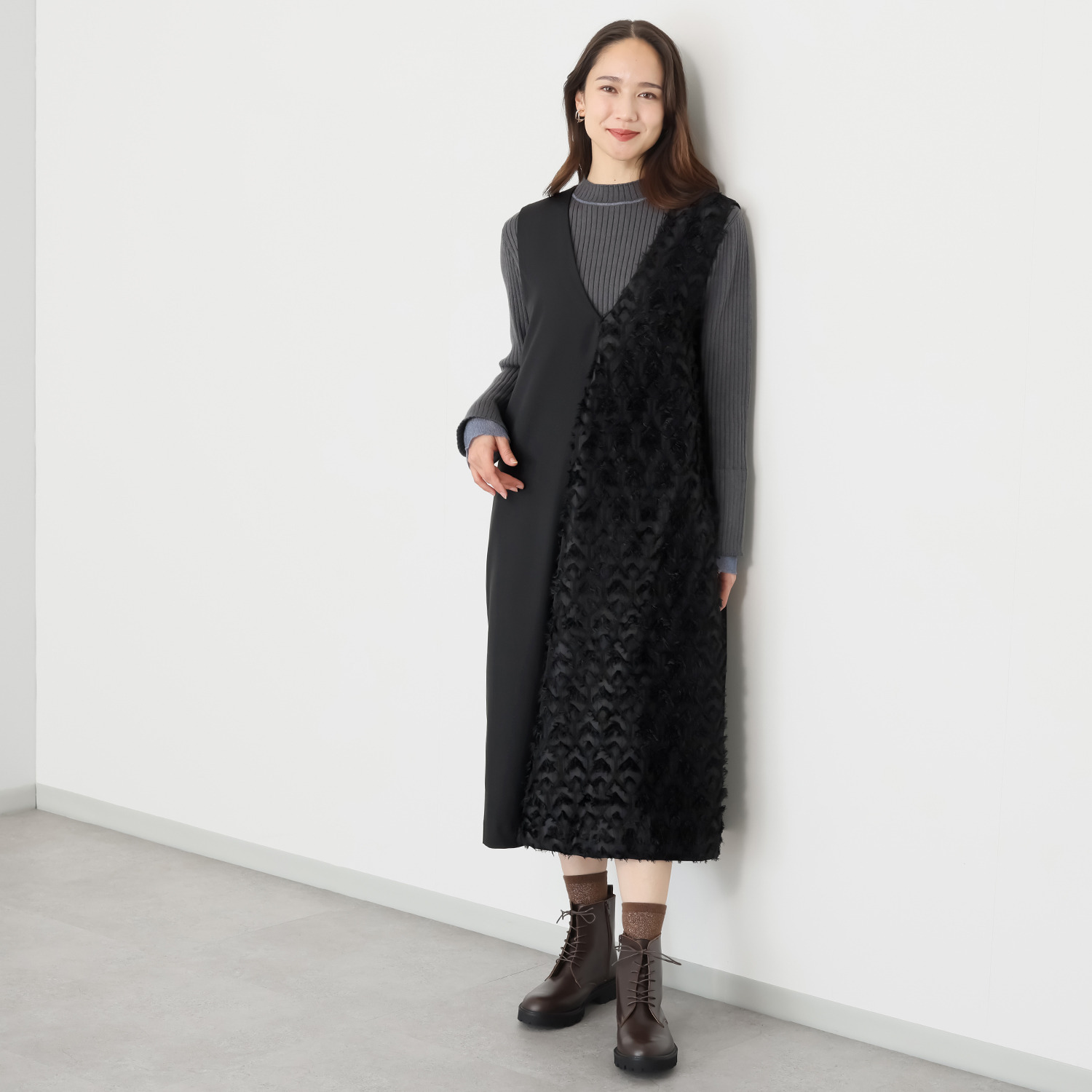 コモエリークローゼット 異素材でメリハリ ジャンパードレス