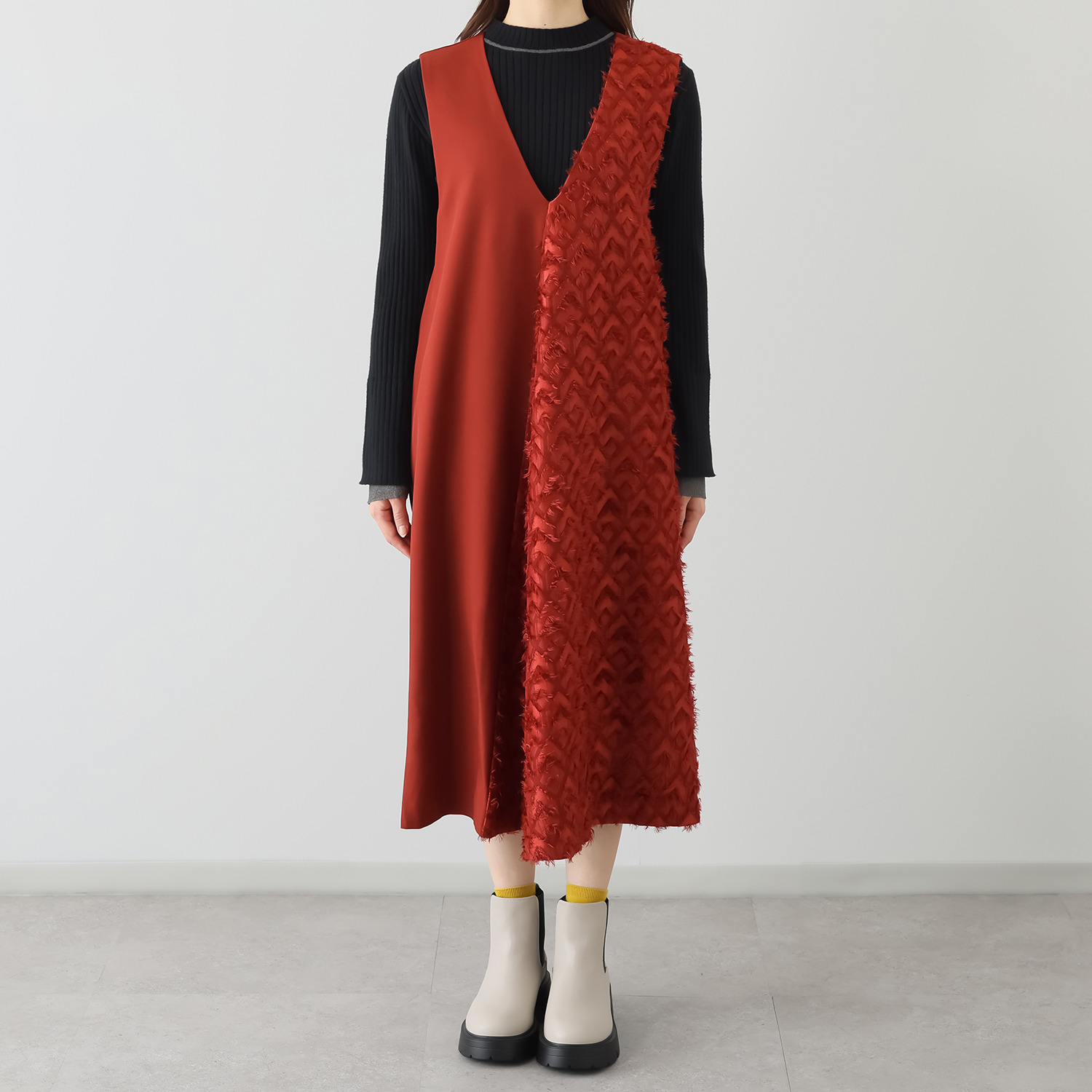 コモエリークローゼット 異素材でメリハリ ジャンパードレス