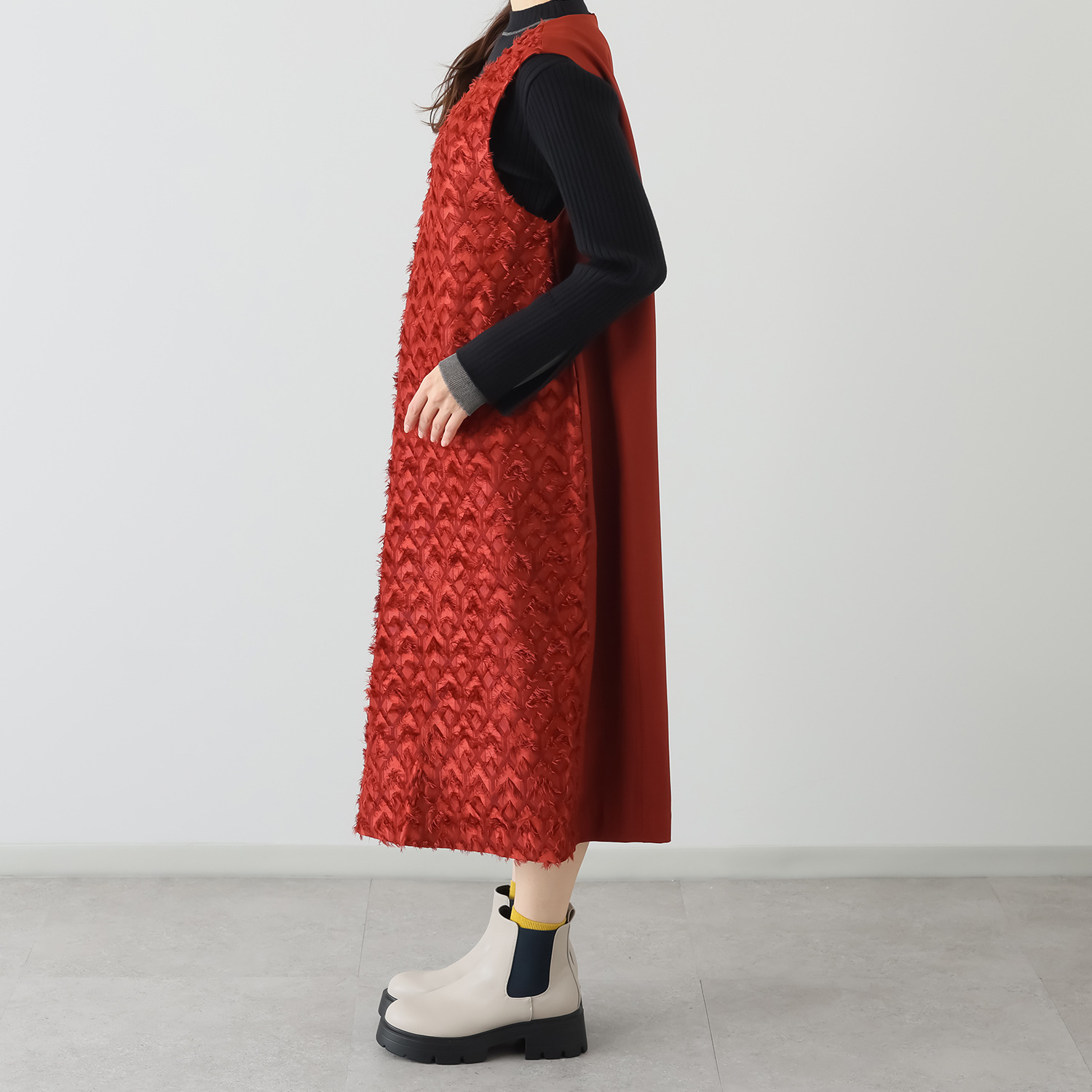 コモエリークローゼット 異素材でメリハリ ジャンパードレス