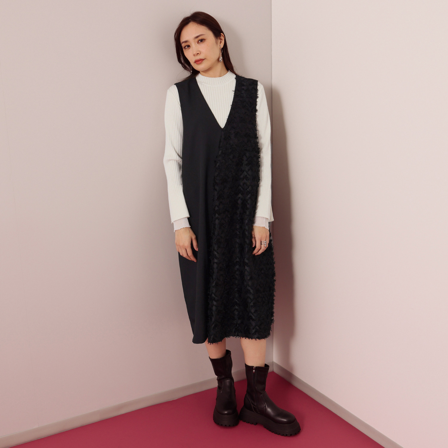 コモエリークローゼット 異素材でメリハリ ジャンパードレス