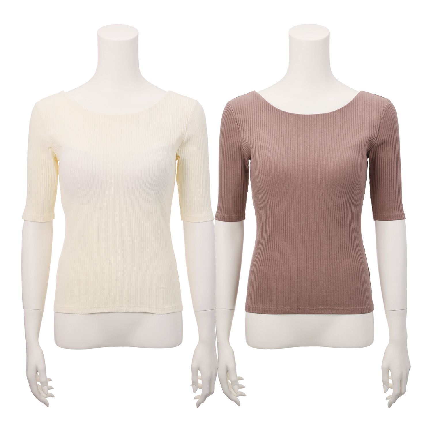 プラスケー コットンブレンド バレリーナネック カップ付 五分袖リブＴシャツ ２枚セット