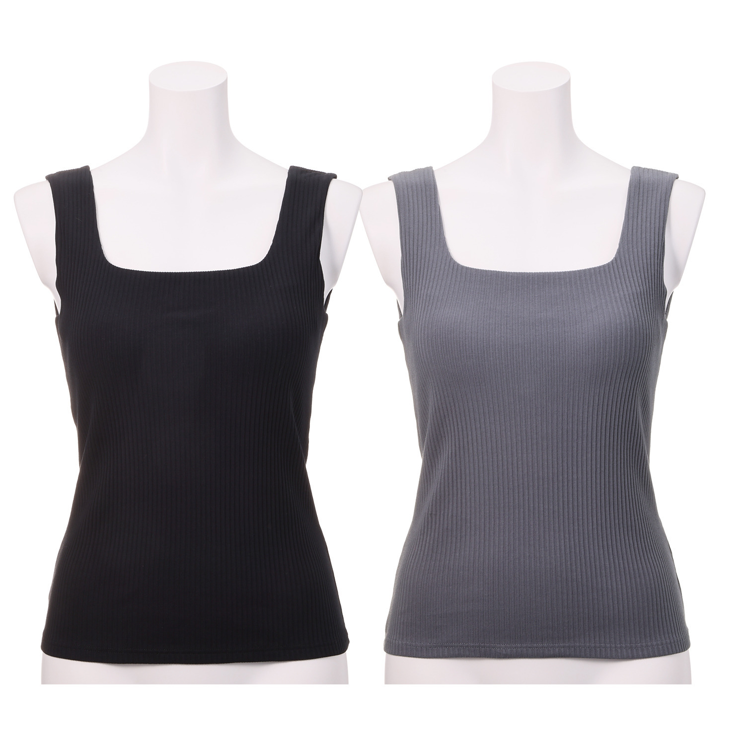 プラスケー コットンブレンド スクエアネック カップ付リブタンクトップ ２枚セット
