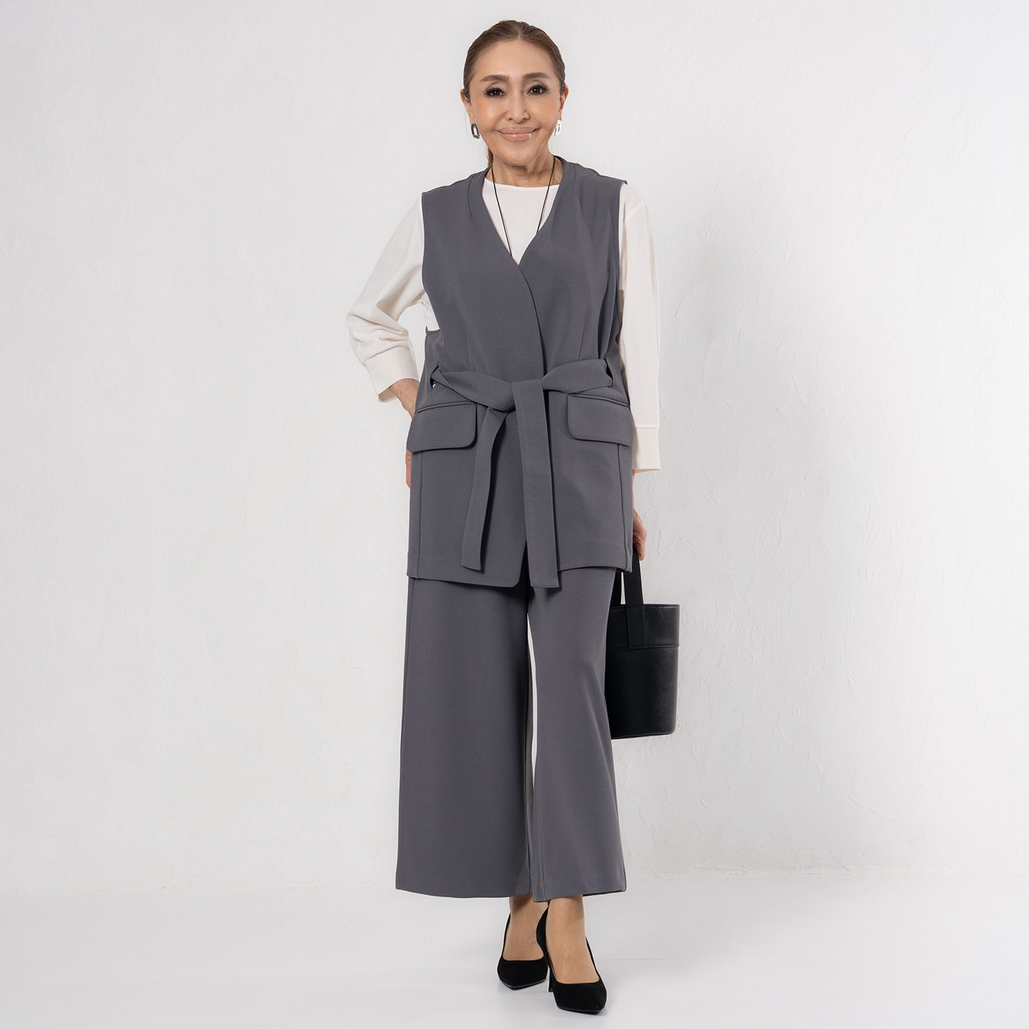 エアリーフェアリー ストレッチカルゼ 飾りベルトワイドパンツ