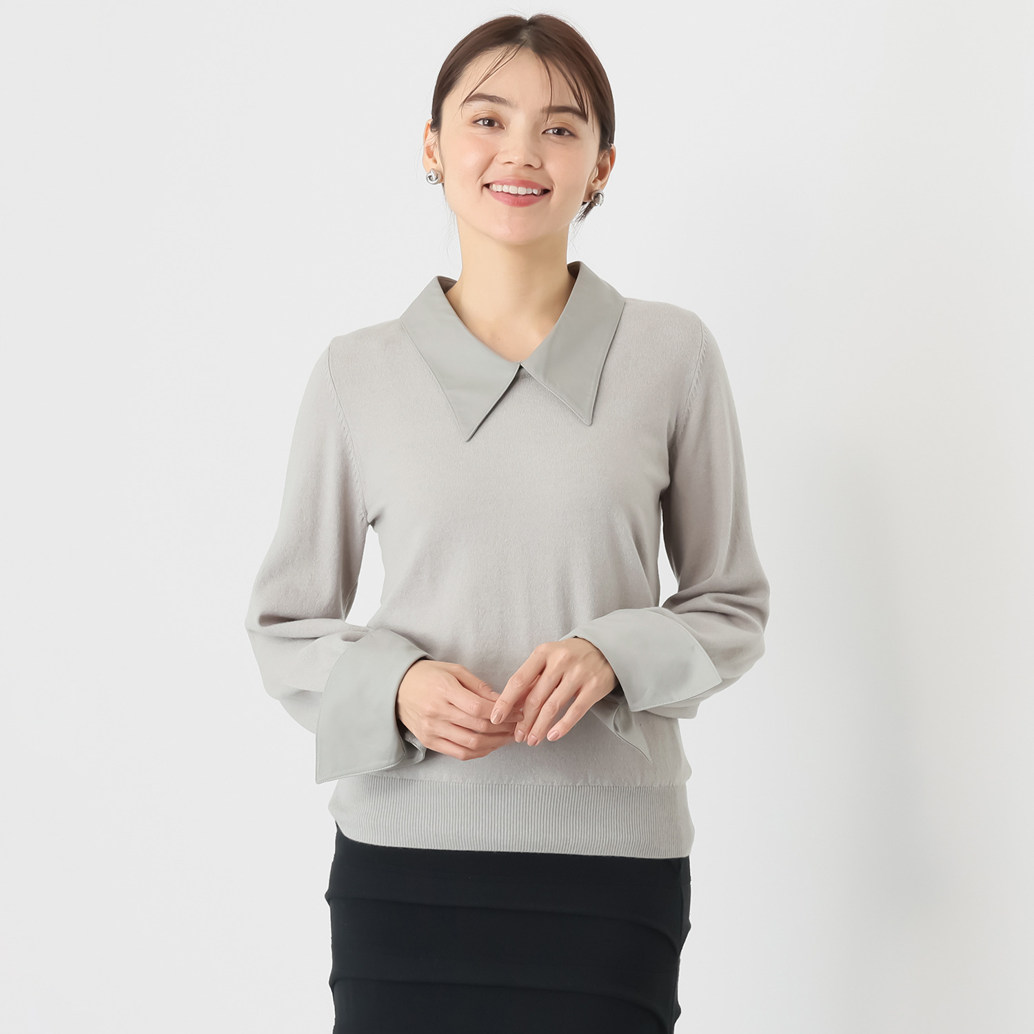 マダムヒロコ シャツカラー＆カフス付 ニットプルオーバー