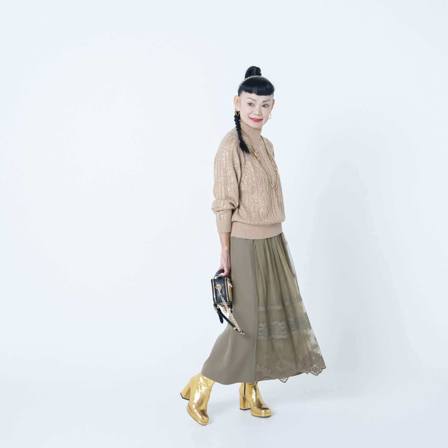 キョウコ　ヒガ 箔プリント ケーブルニット