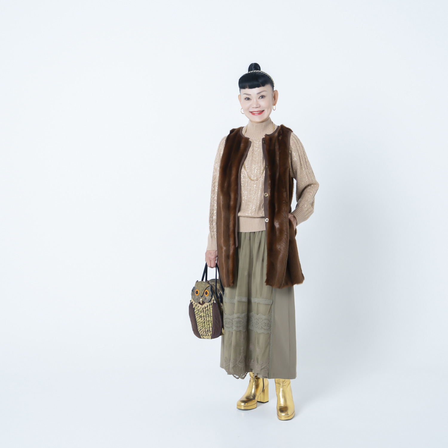 キョウコ　ヒガ 箔プリント ケーブルニット