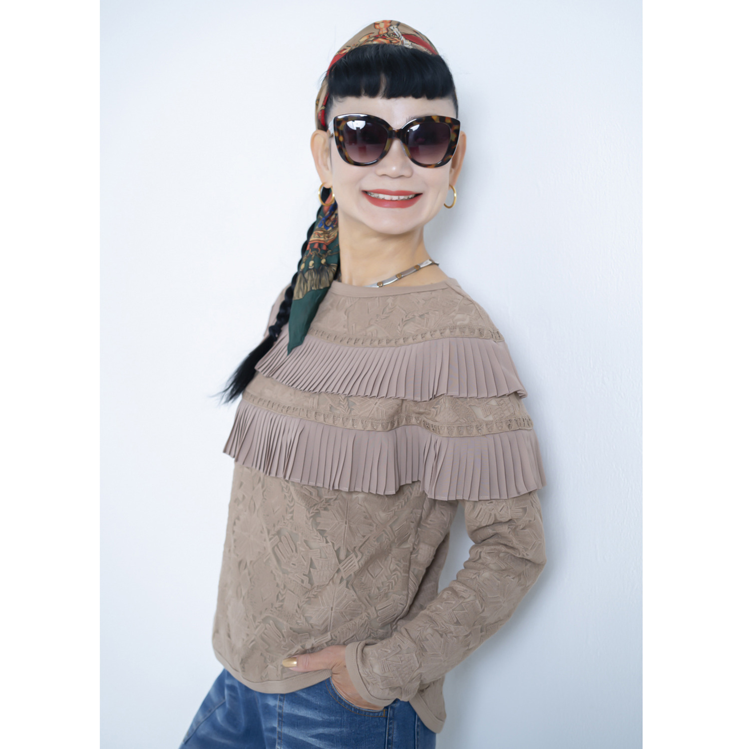 キョウコ　ヒガ シフォンプリーツ 刺しゅうチュール プルオーバー