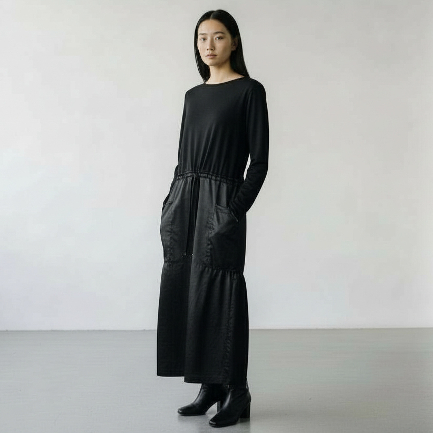 ヨウゾウカタブキ サテン切替 ドレープワンピース