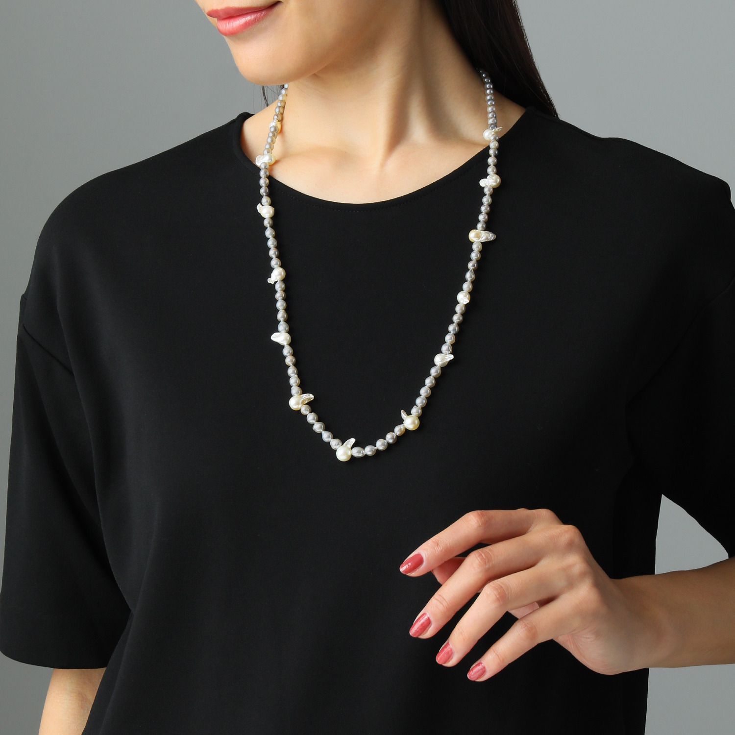 パールモール シルバー 国産アコヤパール 羽根型パールアクセント ロングネックレス