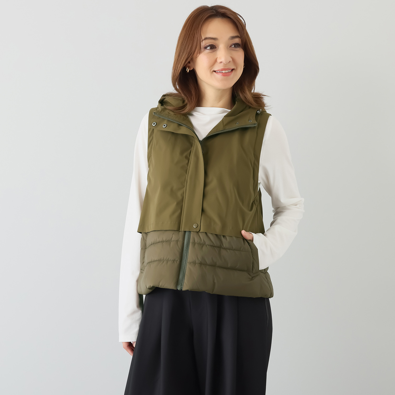 スタイル・ラヴィー 中綿入り 異素材ミックス フーディーベスト