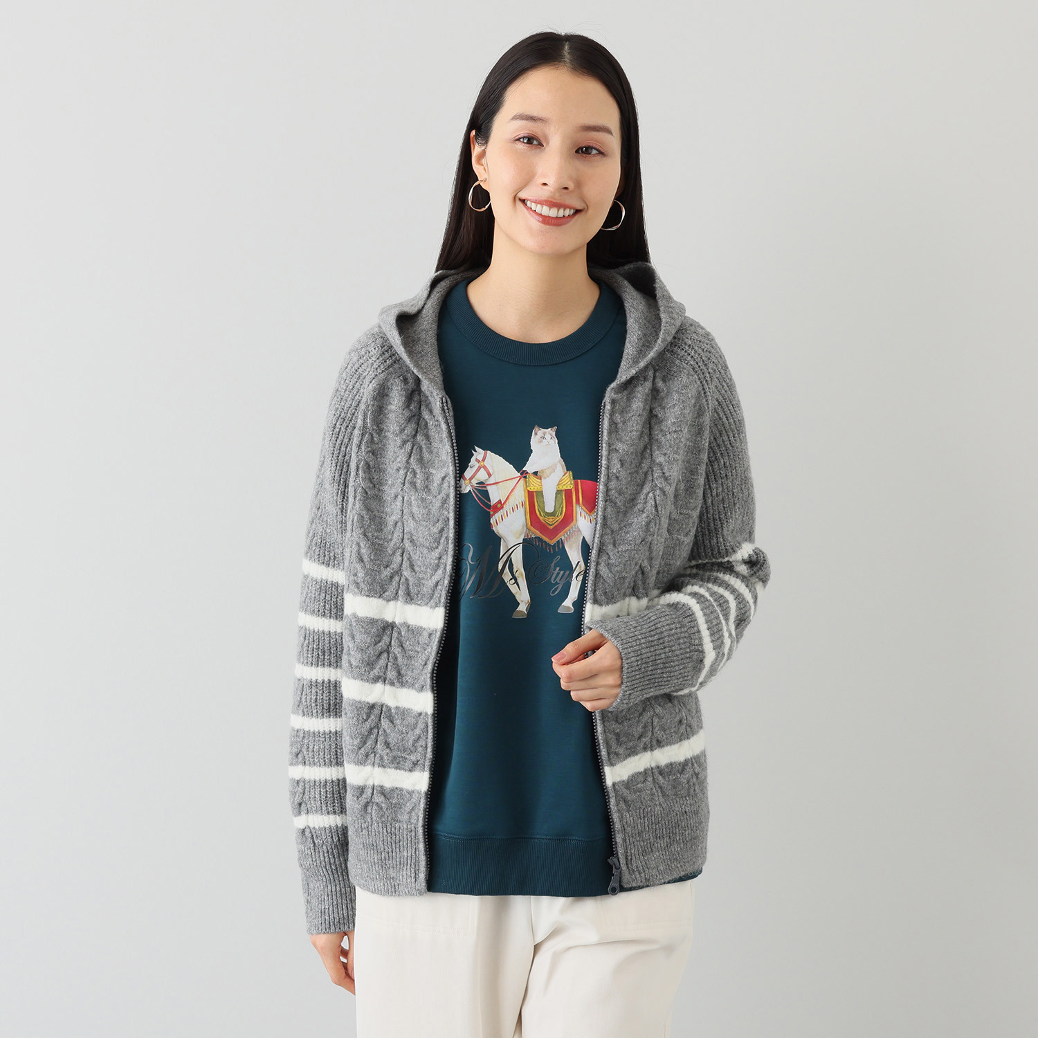 エムズ　スタイル ケーブル編アクセント ジップアップデザイン ニットパーカーブルゾン