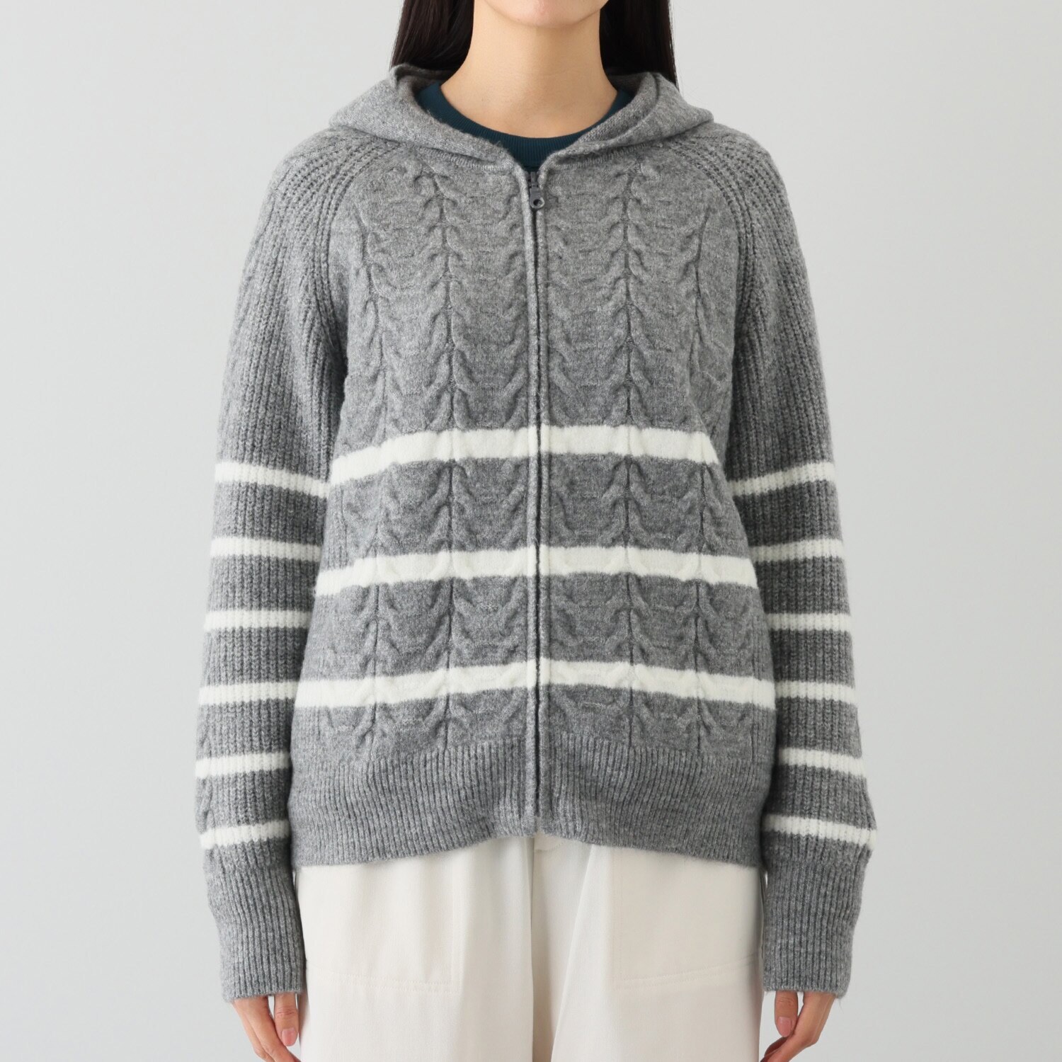 エムズ　スタイル ケーブル編アクセント ジップアップデザイン ニットパーカーブルゾン