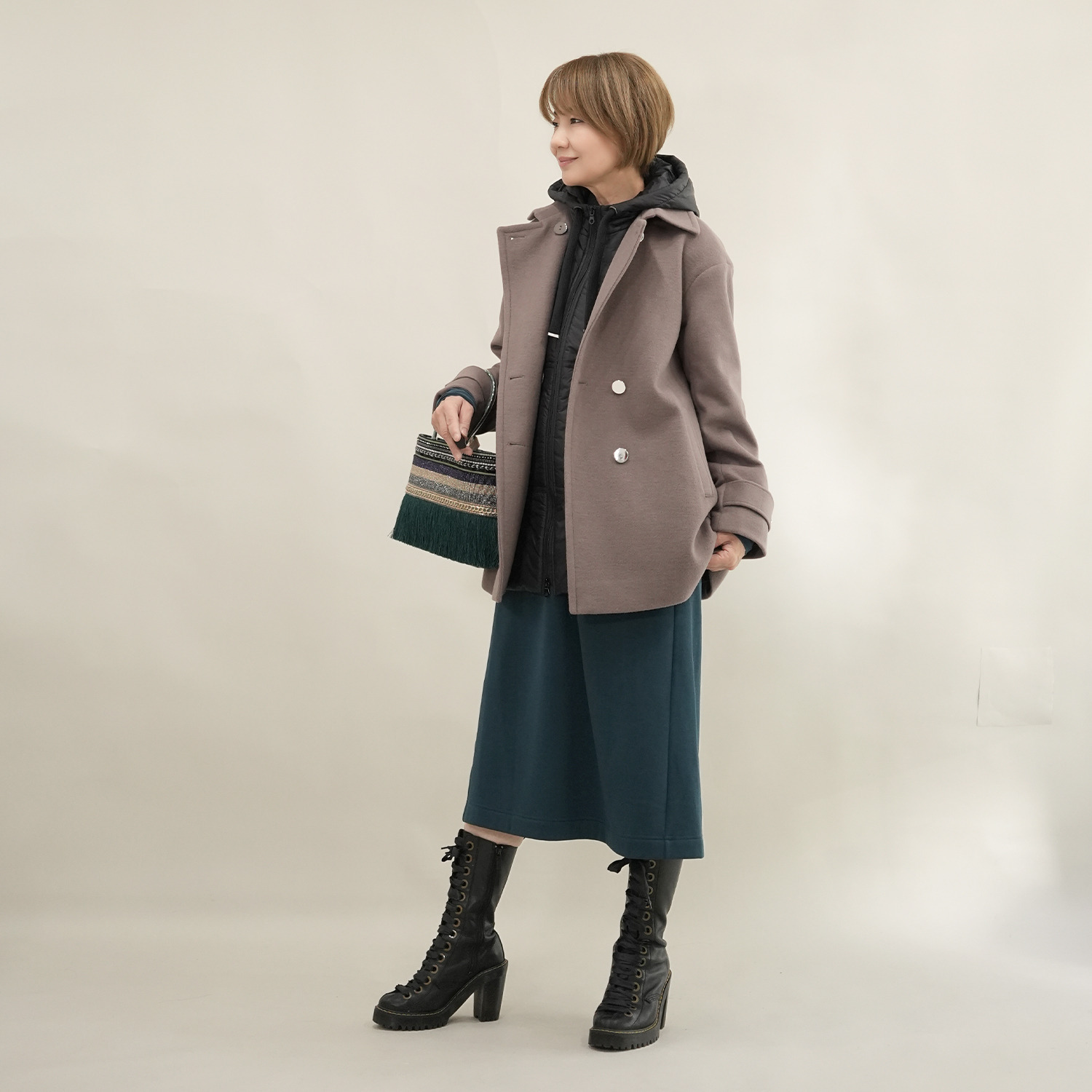 エムズ　スタイル ソフトビーバー調 ジャージー バックタックアクセント Ａラインシルエット ピーコート