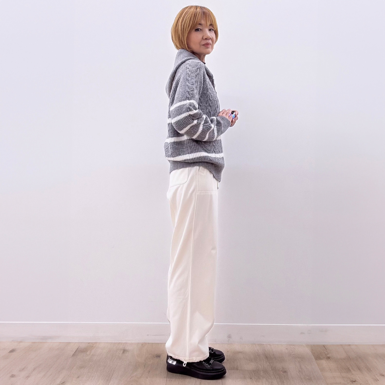 エムズ　スタイル 裏起毛ツイル バックシームアクセント 裾ドロストデザイン ベイカーセミワイドパンツ ＜股下７０ｃｍ＞