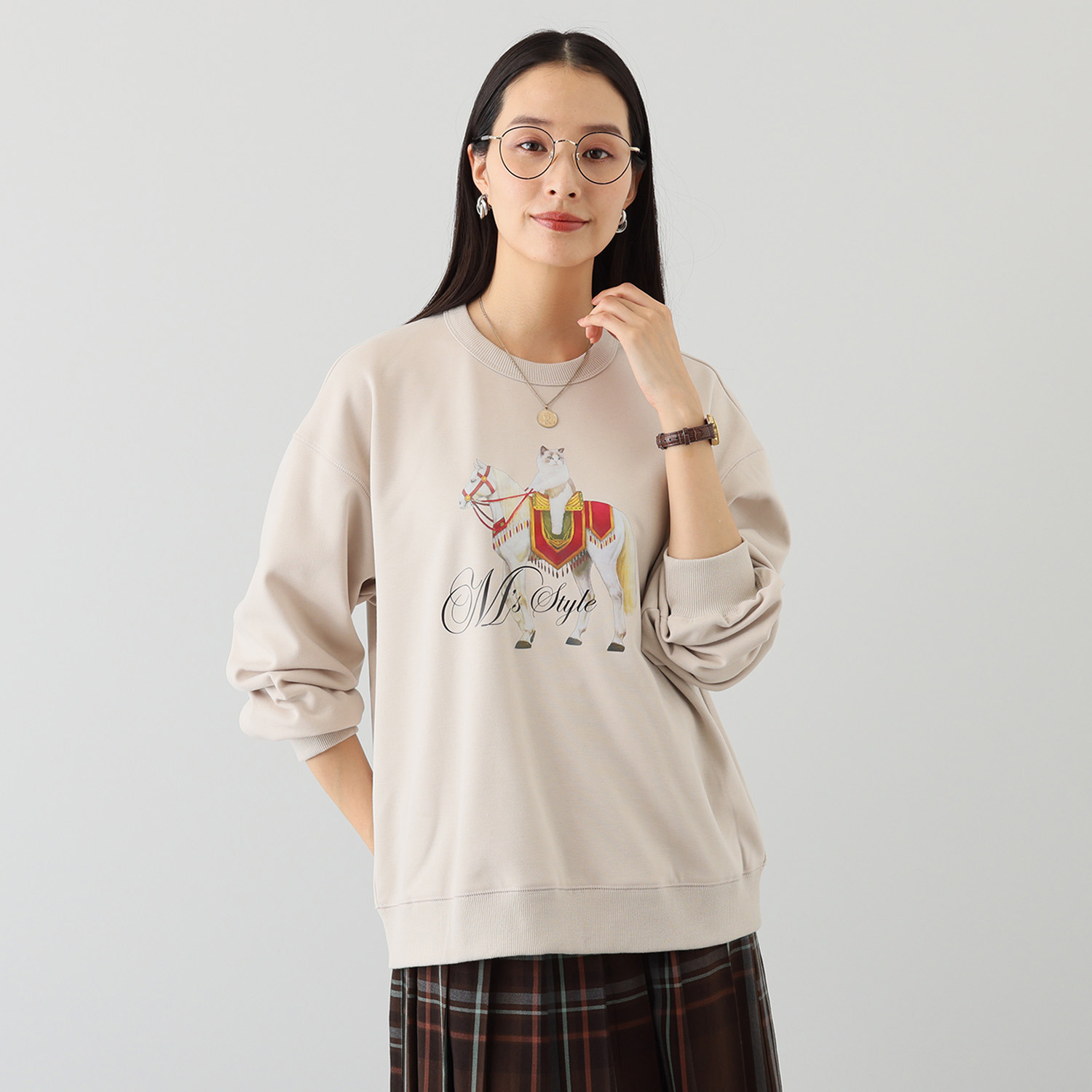 エムズ　スタイル 裏起毛ソフトジャージー 猫と馬プリントデザイン 大人のトレーナー 