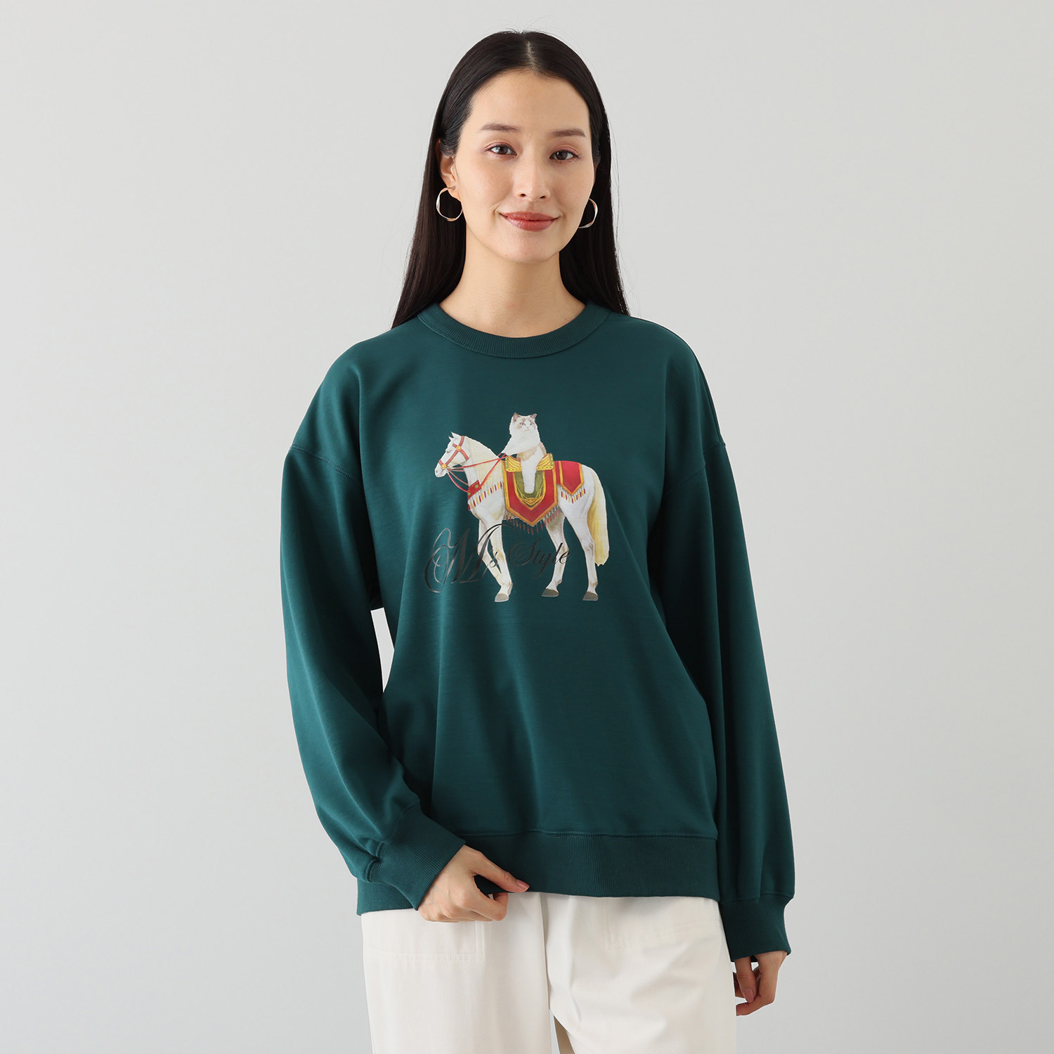 エムズ　スタイル 裏起毛ソフトジャージー 猫と馬プリントデザイン 大人のトレーナー 
