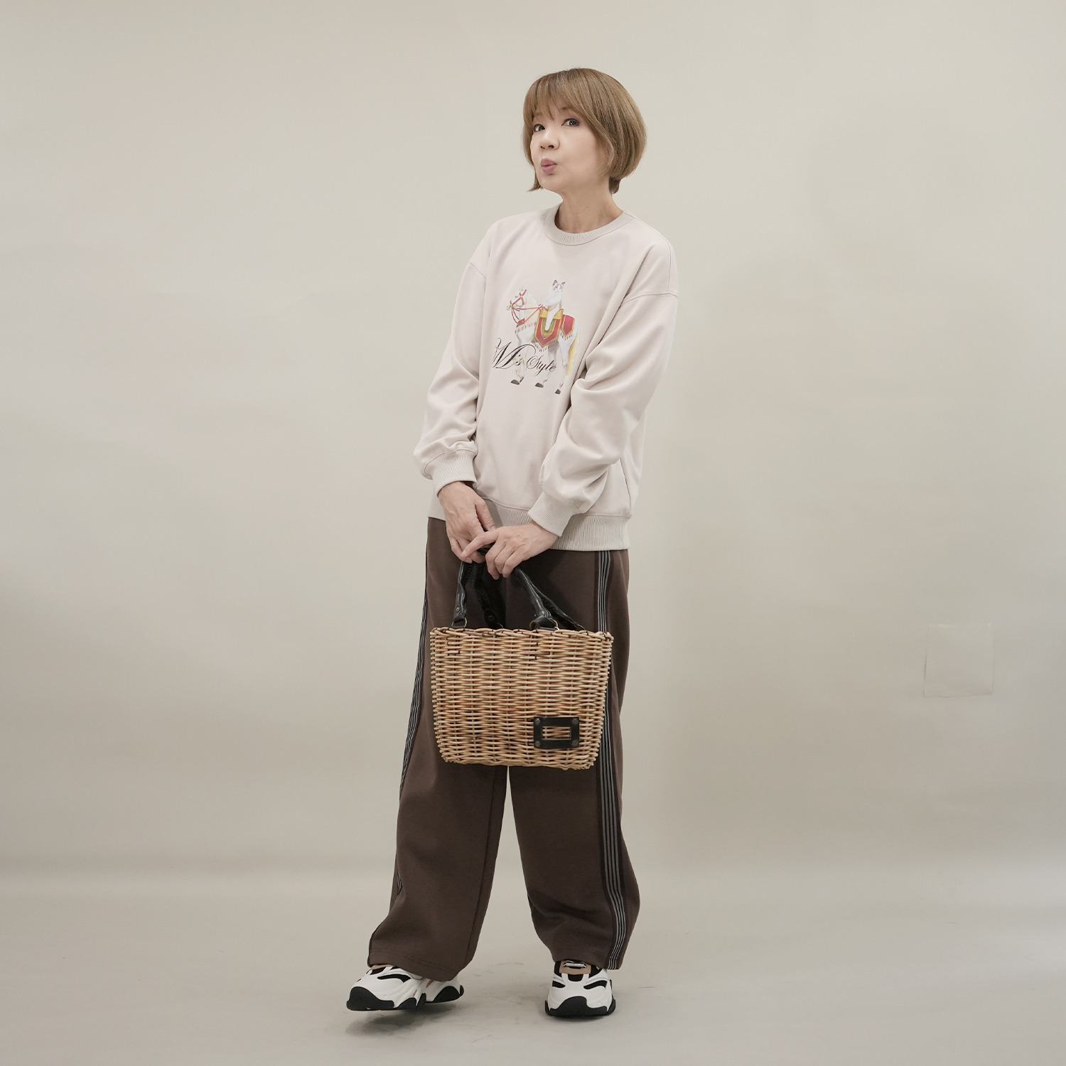 エムズ　スタイル 裏起毛ソフトジャージー 猫と馬プリントデザイン 大人のトレーナー 