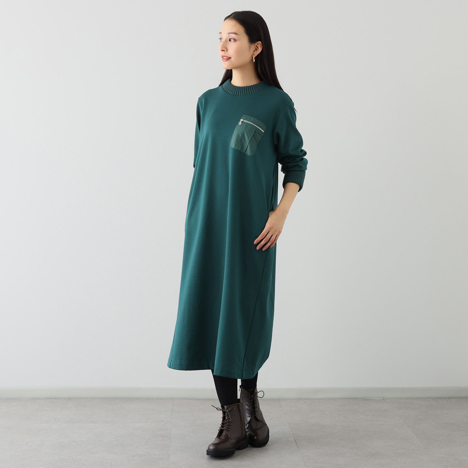 エムズ　スタイル 裏起毛ソフトジャージー 編立リブアクセント ミリタリーポケット付 ボクシーワンピース