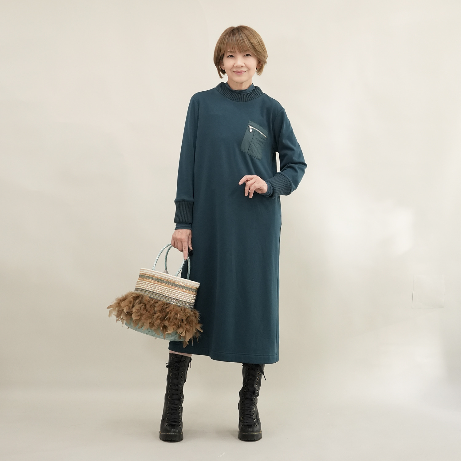 エムズ　スタイル 裏起毛ソフトジャージー 編立リブアクセント ミリタリーポケット付 ボクシーワンピース