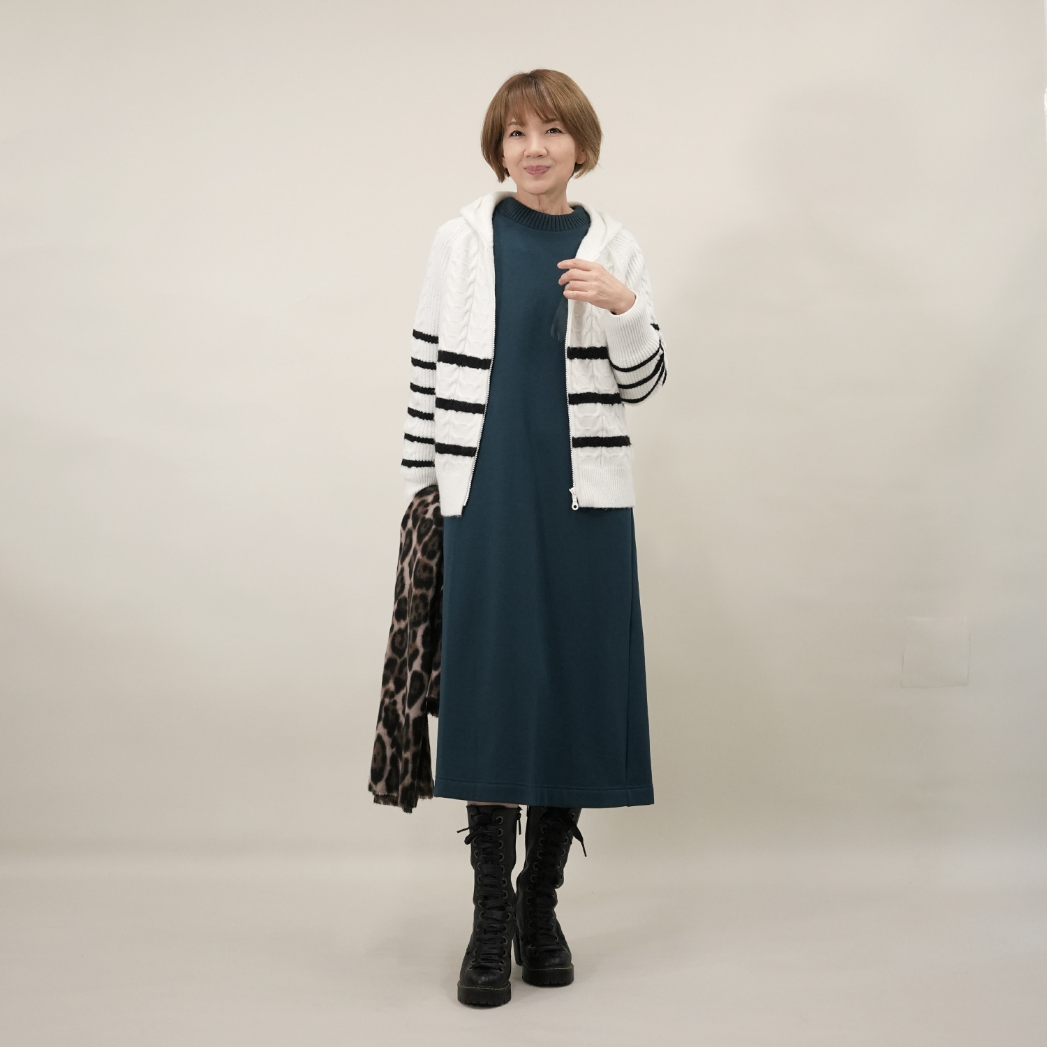 エムズ　スタイル 裏起毛ソフトジャージー 編立リブアクセント ミリタリーポケット付 ボクシーワンピース