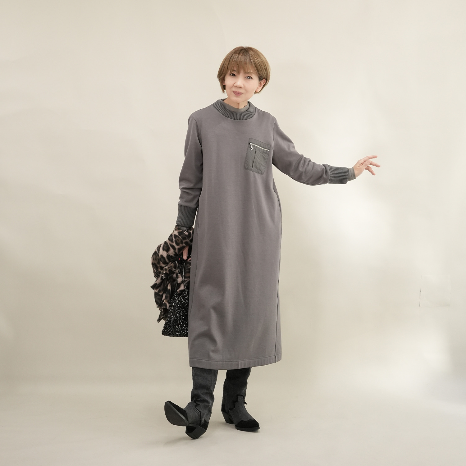 エムズ　スタイル 裏起毛ソフトジャージー 編立リブアクセント ミリタリーポケット付 ボクシーワンピース