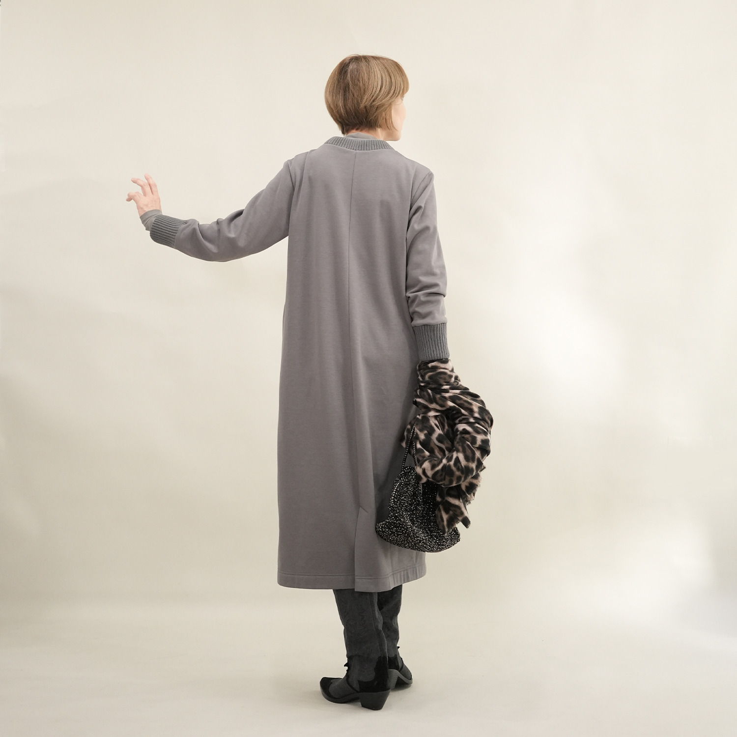 エムズ　スタイル 裏起毛ソフトジャージー 編立リブアクセント ミリタリーポケット付 ボクシーワンピース