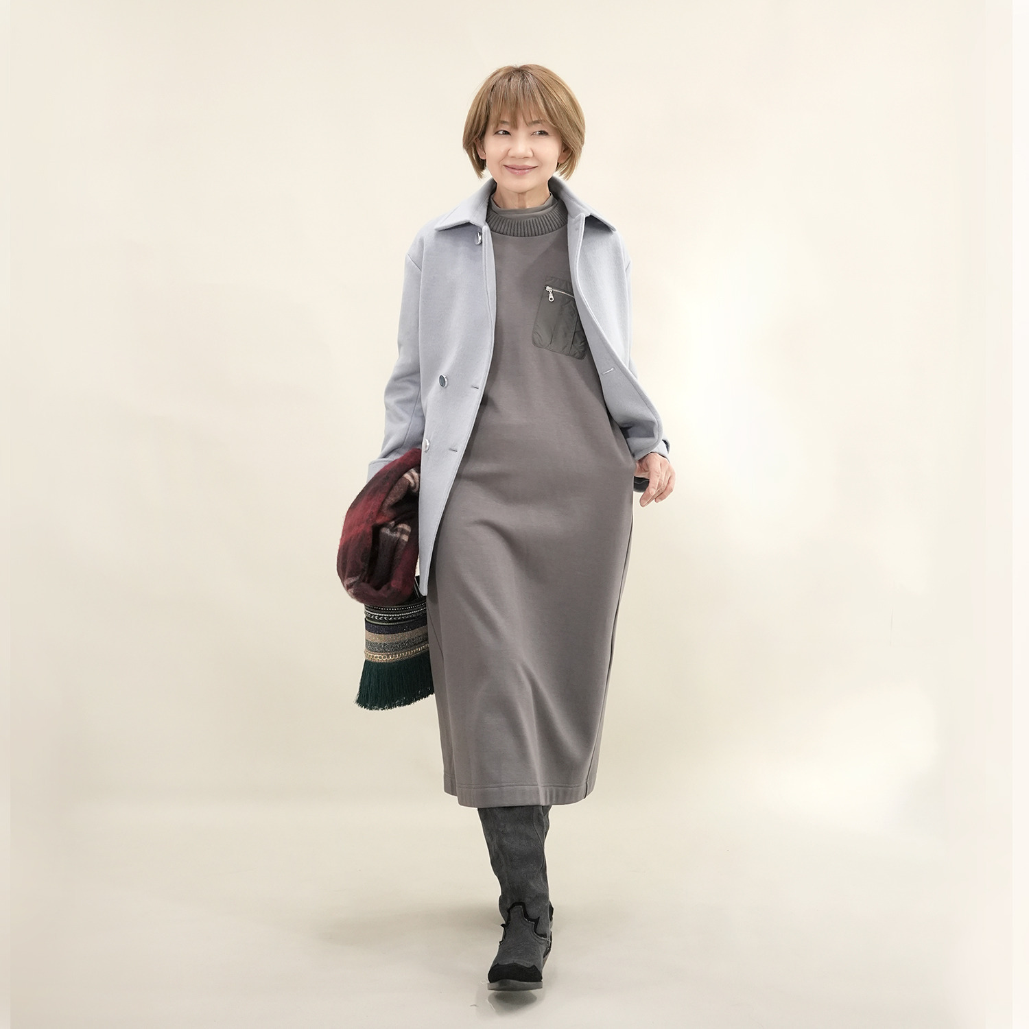 エムズ　スタイル 裏起毛ソフトジャージー 編立リブアクセント ミリタリーポケット付 ボクシーワンピース