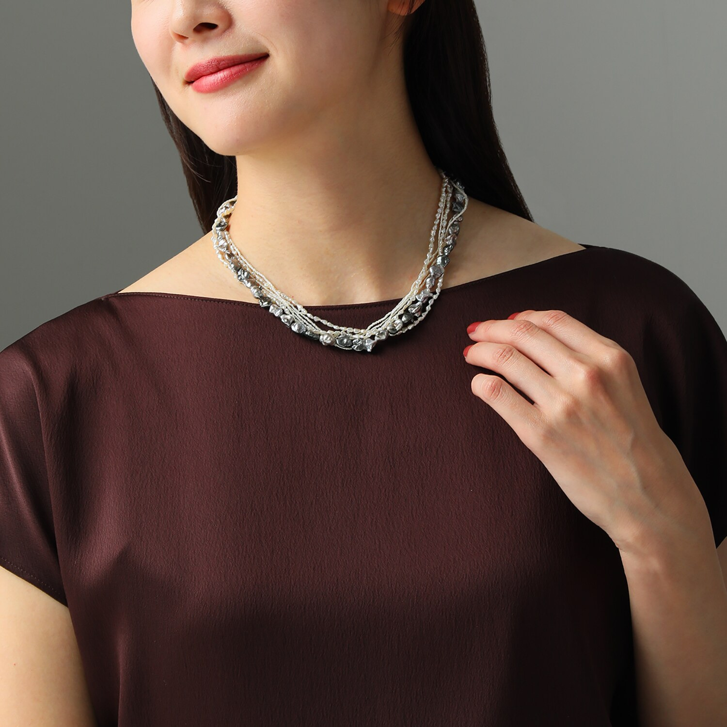 パーセルジュエリー １０Ｋ アコヤケシパール＆ 黒蝶ケシパール＆ 淡水バロックパール ６連デザインチョーカー