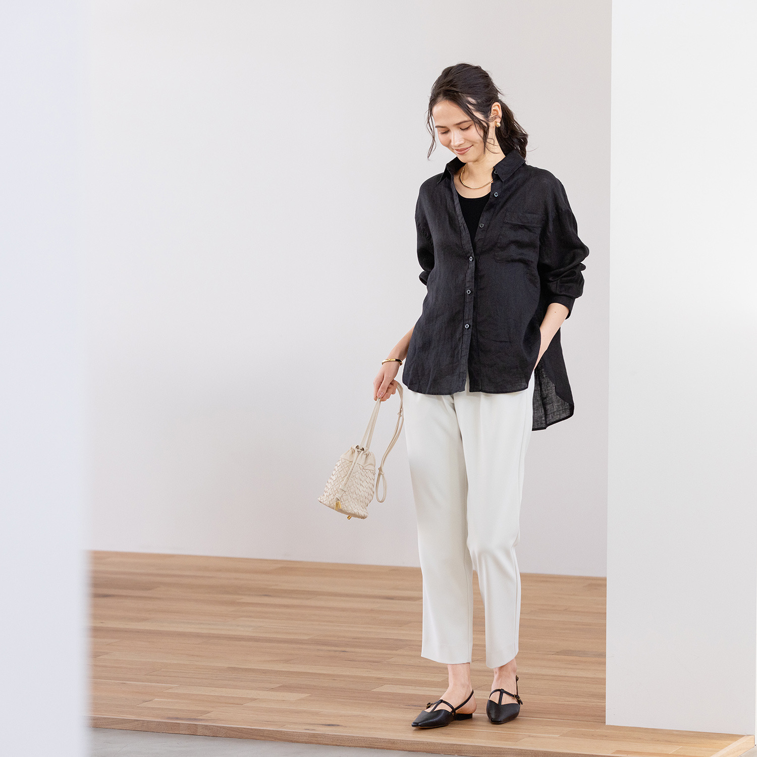 ウタオ フレンチリネン１００％ ピコ刺しゅう ２ウェイシャツ