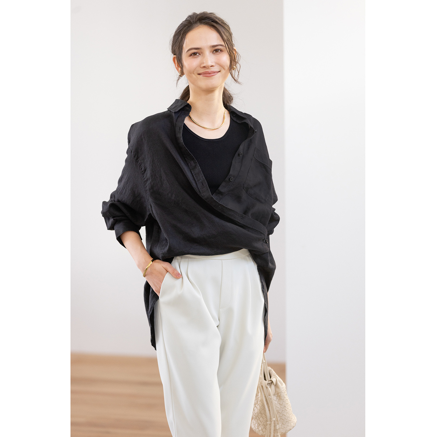 ウタオ フレンチリネン１００％ ピコ刺しゅう ２ウェイシャツ