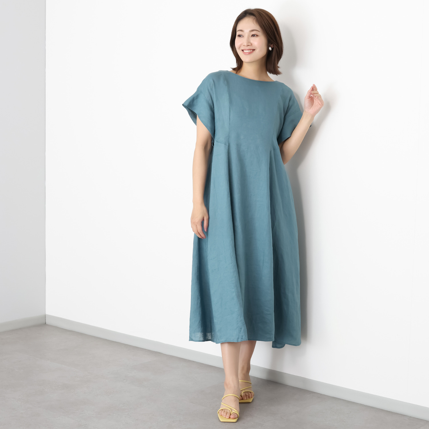 ウタオ フレンチリネン１００％ ２ウェイスリーブ マーメイドライン ロングワンピース