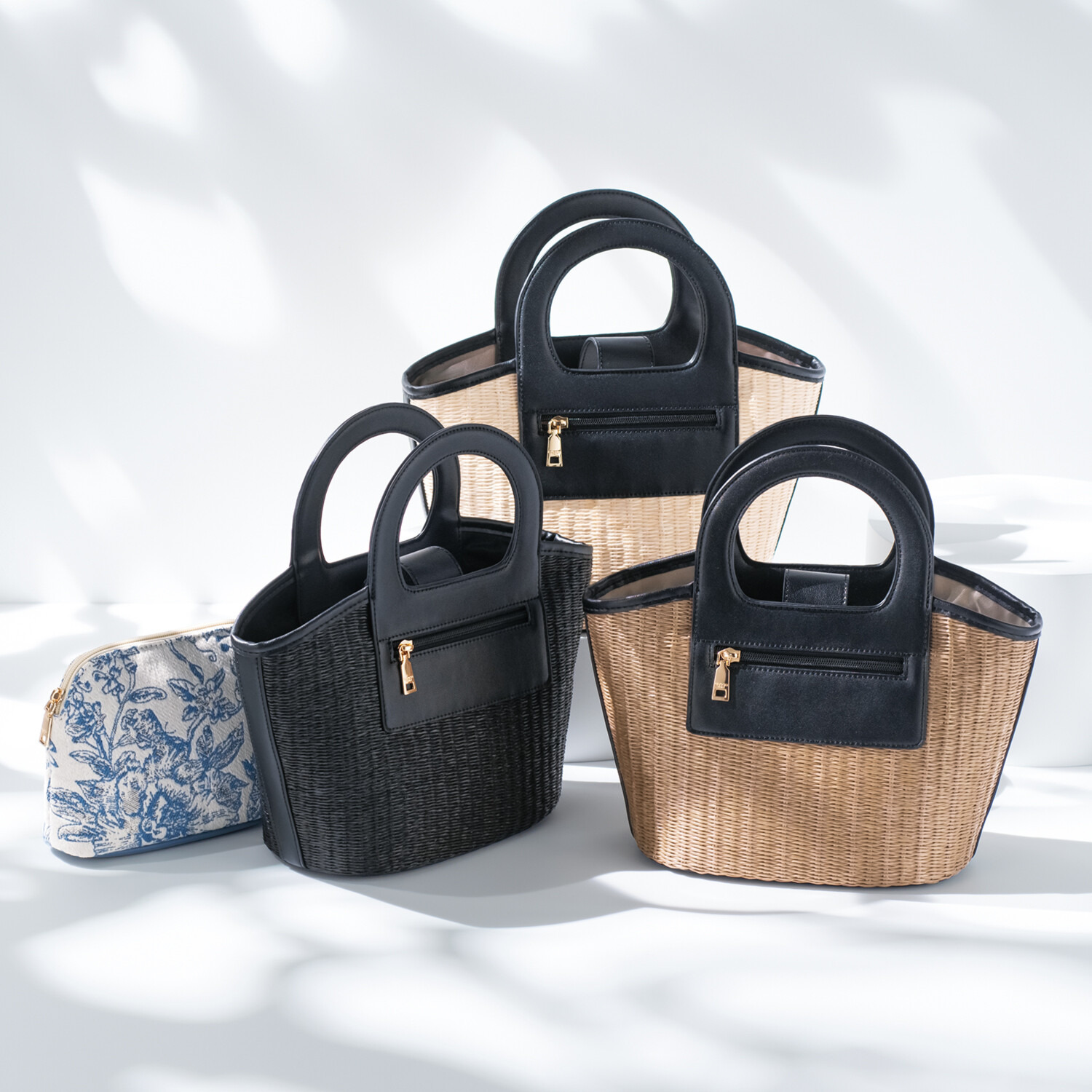 グッシオイタリー 自社開発こだわりの ラタンライクファイバー かごハンドバッグ ＜アネモネポーチ付＞