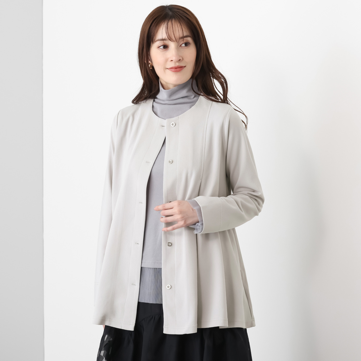 フーア ノーカラー タックフレアー 羽織りジャケット