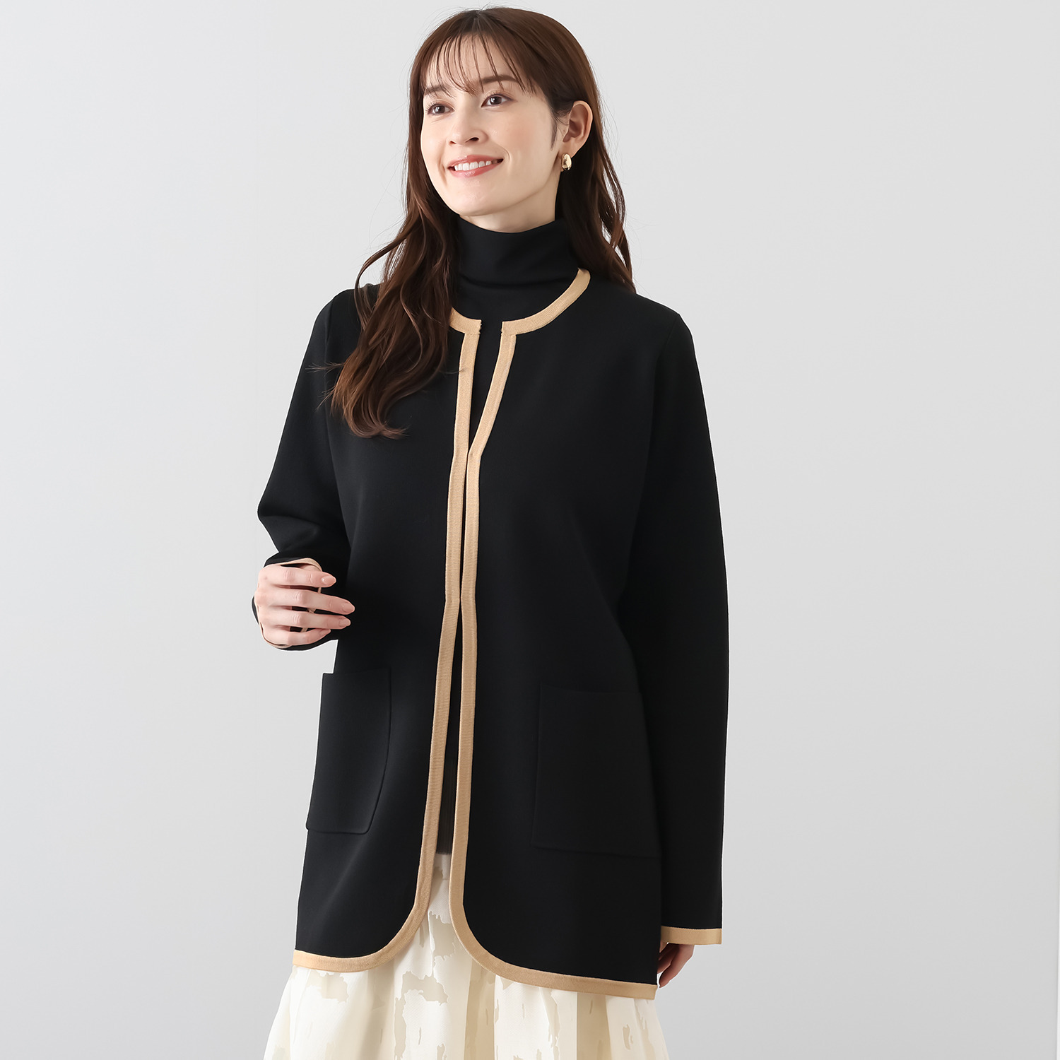 フーア バイカラートリミング ダブルジャガード ニットコート