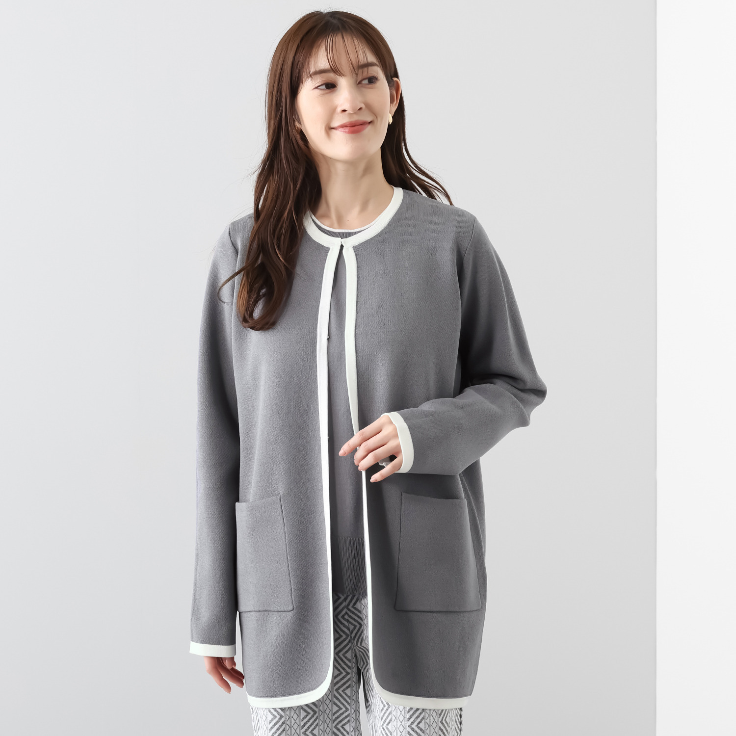 フーア バイカラートリミング ダブルジャガード ニットコート