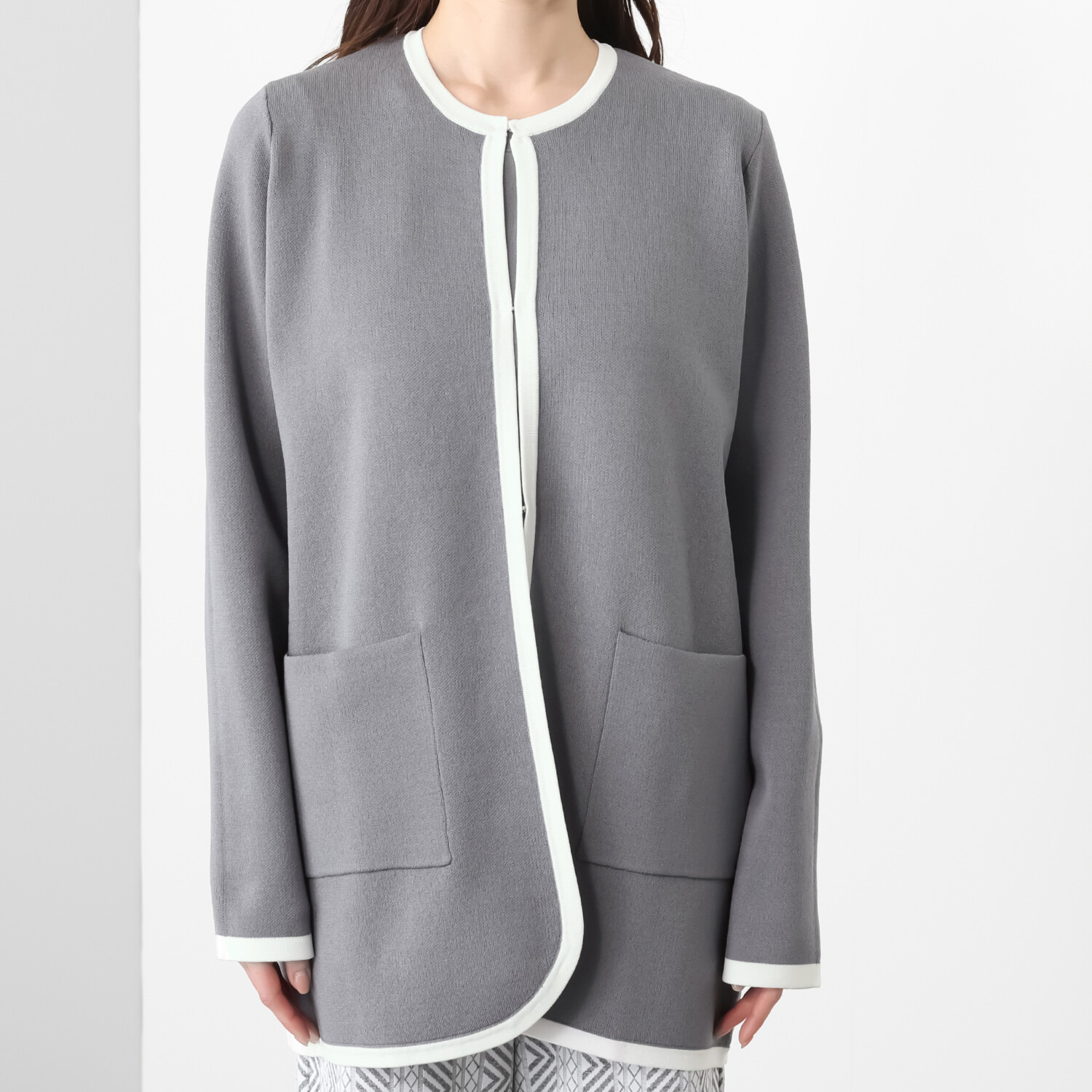 フーア バイカラートリミング ダブルジャガード ニットコート