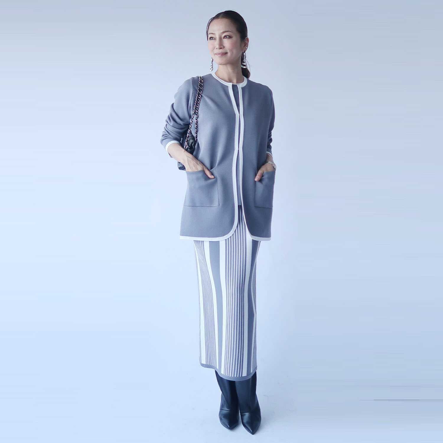 フーア バイカラートリミング ダブルジャガード ニットコート