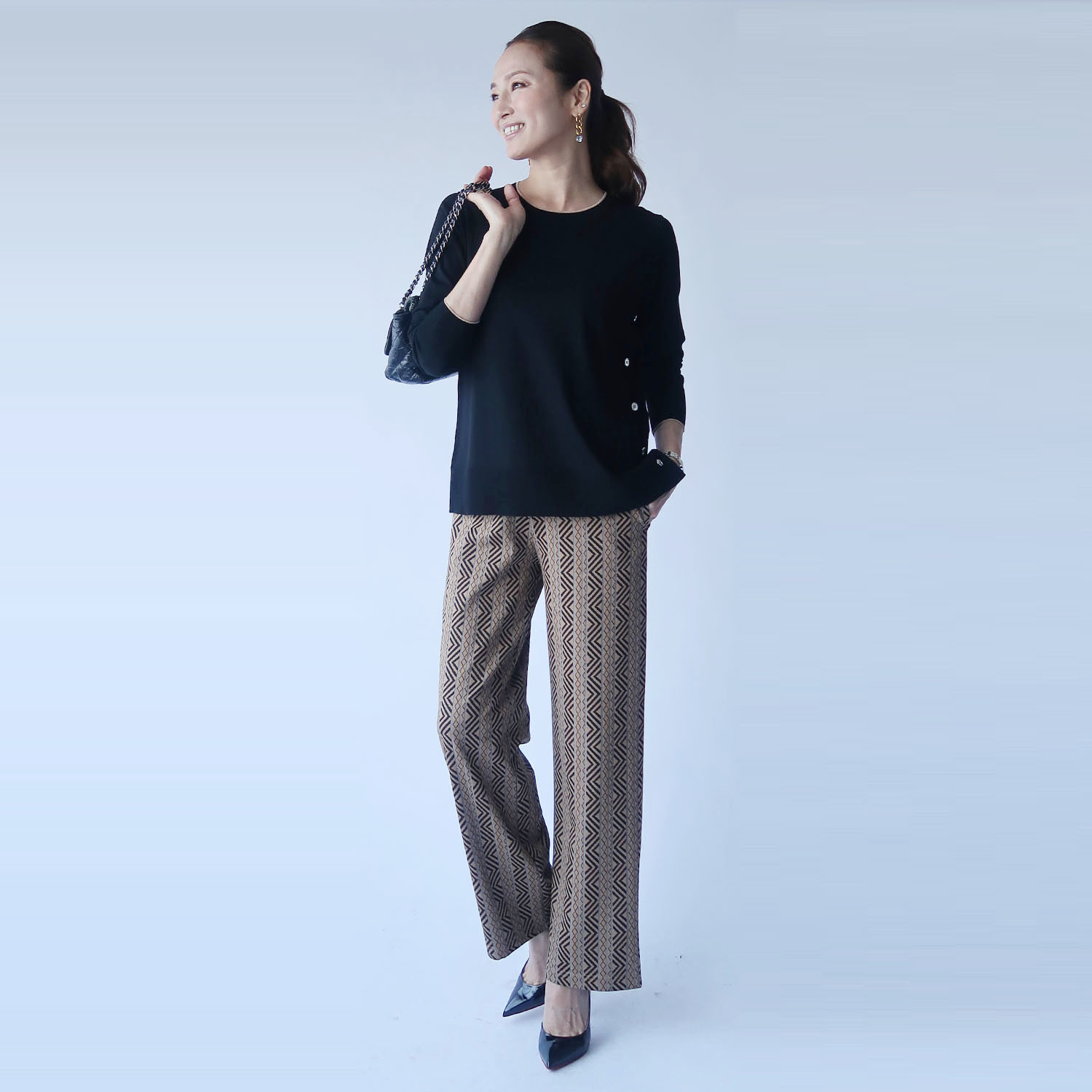 フーア サイドボタンカッティング アクセントカラー ニットプルオーバー