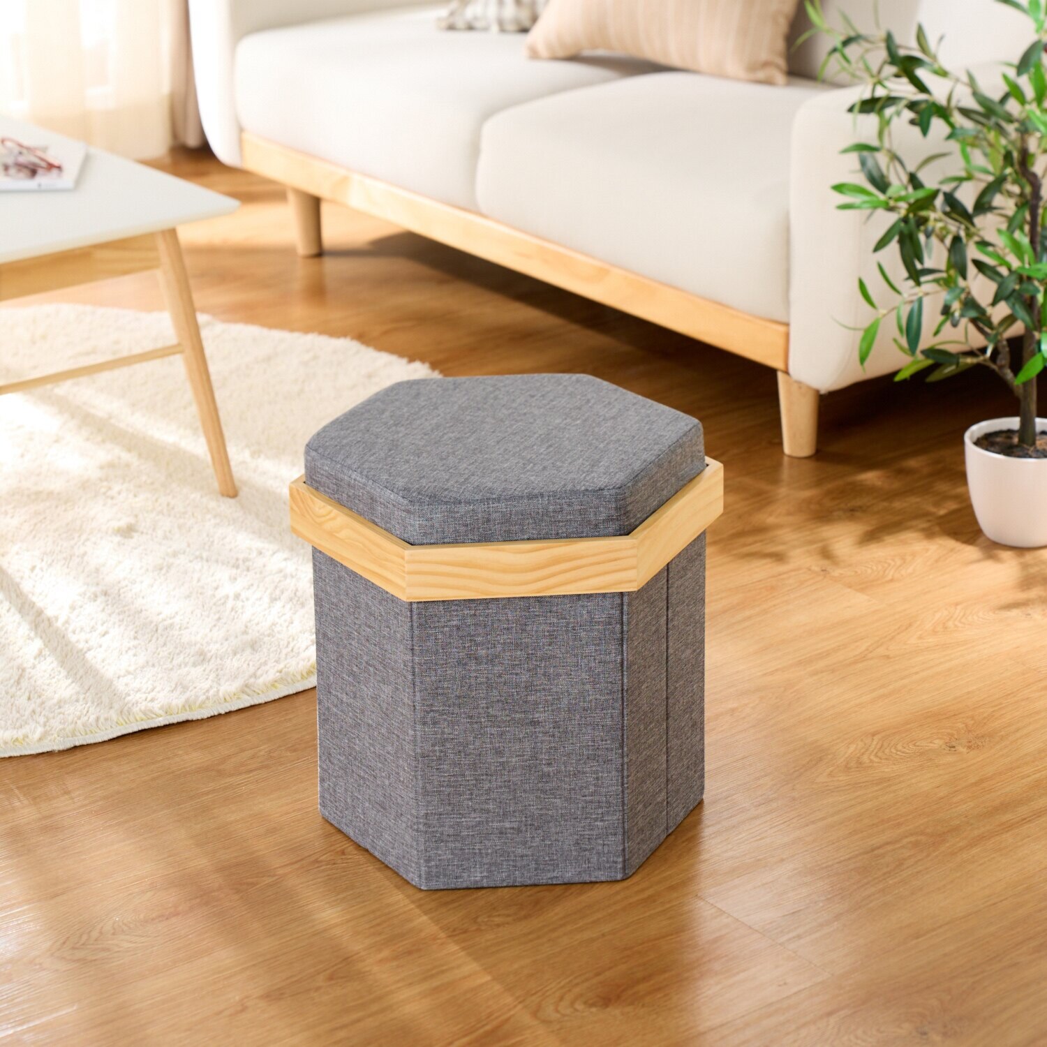 １台３役！ 収納できる北欧風スツール ＜六角形＞