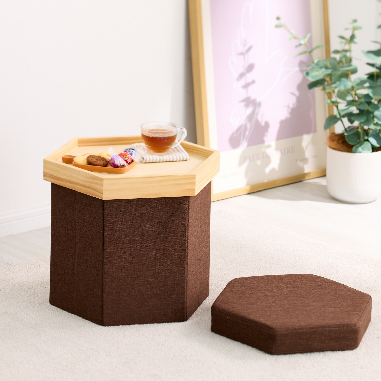 １台３役！ 収納できる北欧風スツール ＜六角形＞