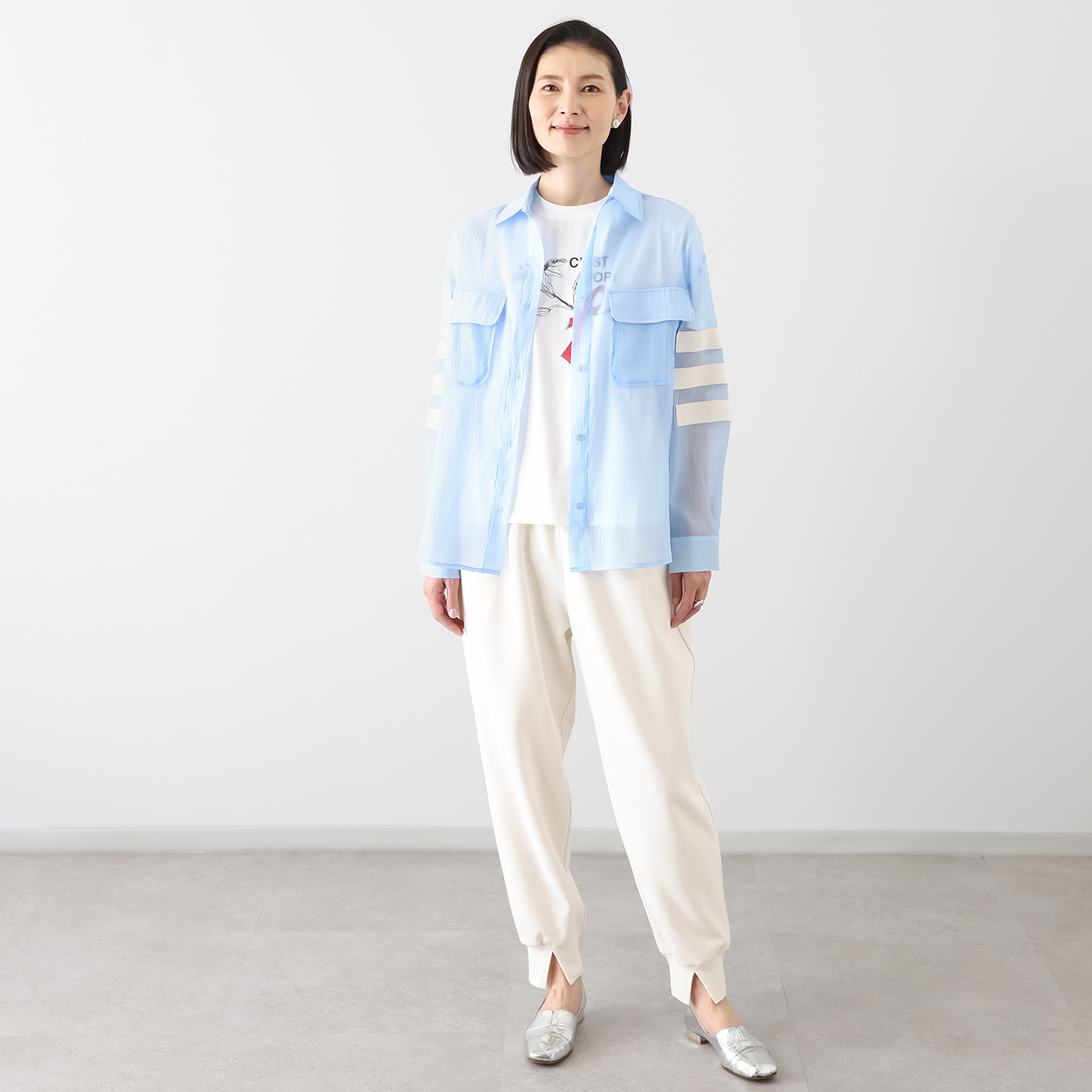 ユキコハナイ　シック アクセントライン シアーシャツ