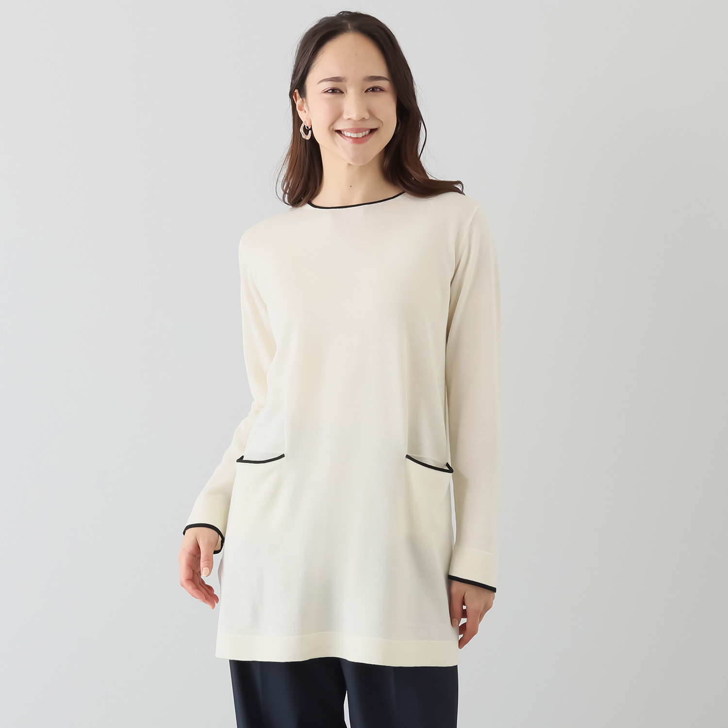 アズイズ　ビーマイセルフ バイ　ネイチャーズ ウールシルク 配色ライン チュニックプルオーバー