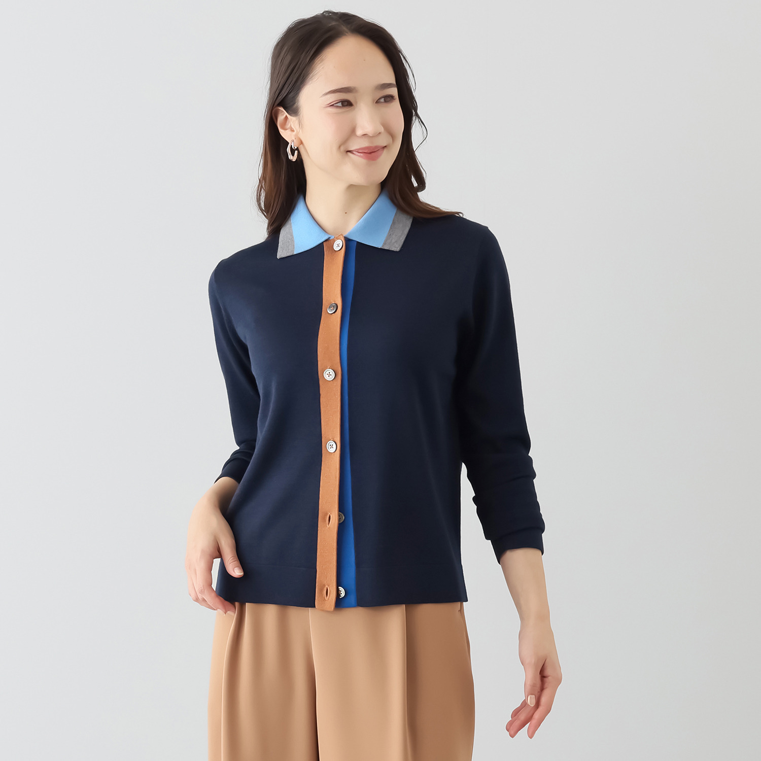 アズイズ　ビーマイセルフ バイ　ネイチャーズ ウールシルク 配色アクセント 襟付カーディガン