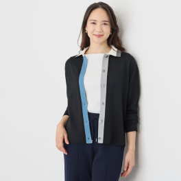アズイズ　ビーマイセルフ バイ　ネイチャーズ ウールシルク 配色アクセント 襟付カーディガン